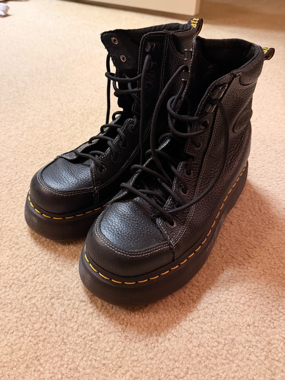 Dr. Martens buzz-8 Black Leather Platform Combat Boots with Yellow Stitching